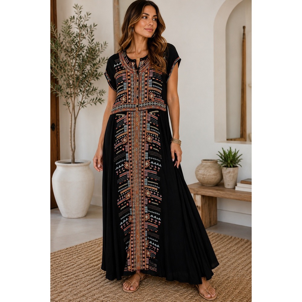 Biya by Johnny Was Maxi Dress Embroidered Black Boho Geometric Size M